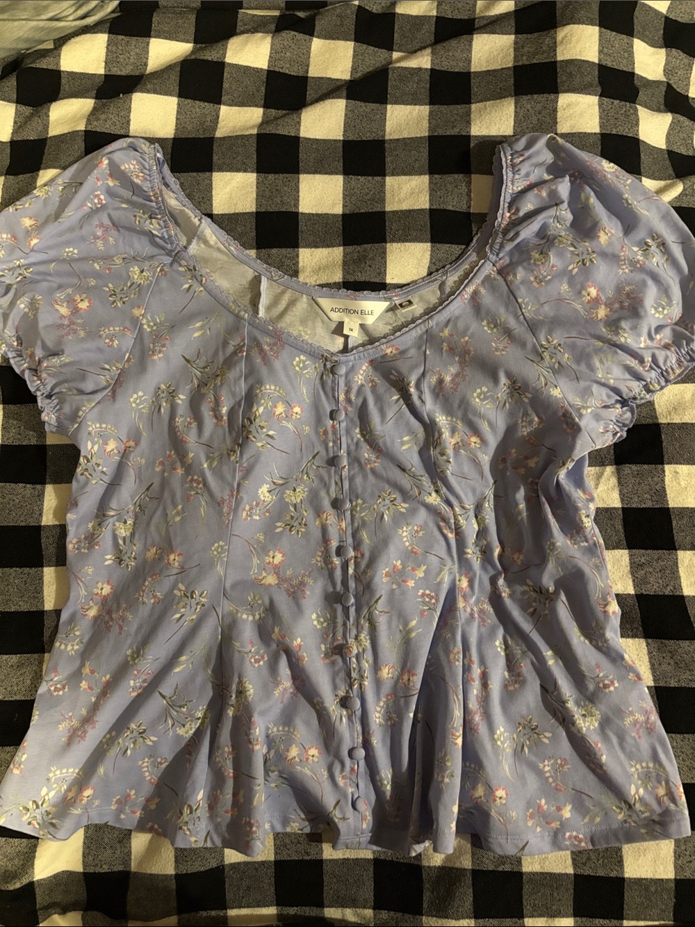 Addition Elle Lavender Floral Button-Front Puff Sleeve Blouse
